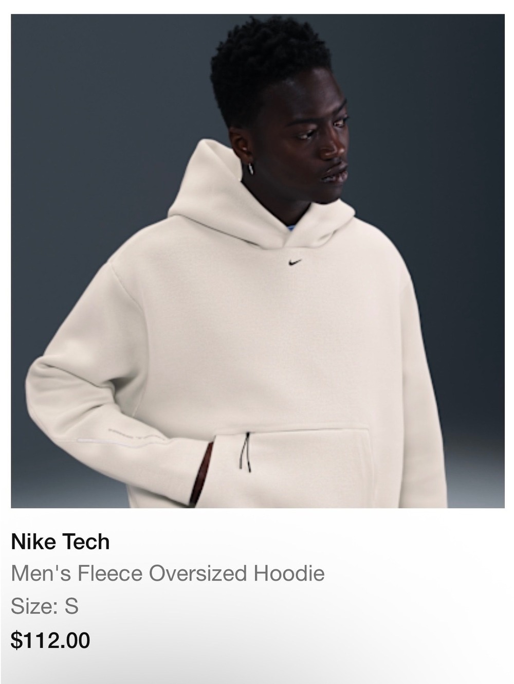 Nike Tech Men’s Fleece Oversized Hoodie Size S Sail Cream Pullover
